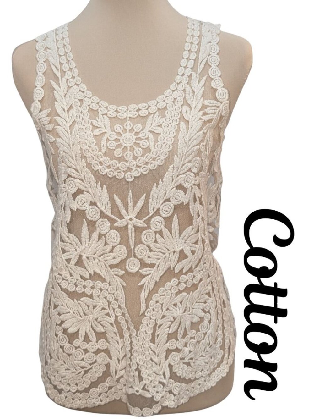 Paper + Tee Ivory Embroidered Lace Mesh Tank Blouse